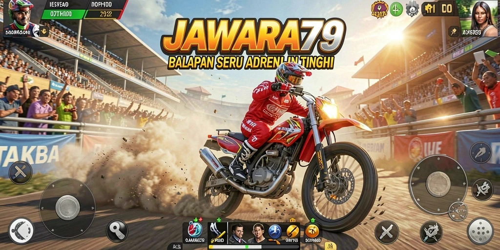Tampilan gameplay menegangkan di lintasan balapan JAWARA79.