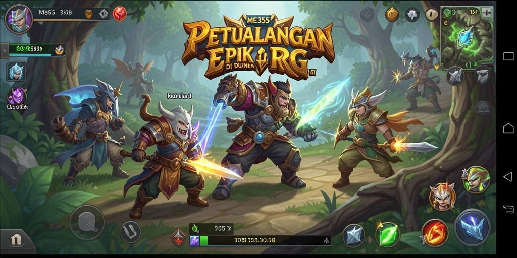 Screenshot gameplay ME355 menampilkan pertarungan epik dalam dunia fantasi.