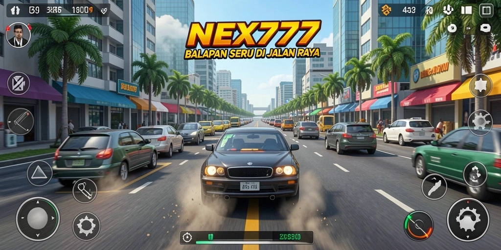 Tampilan gameplay NEX777 dengan mobil balap yang beraksi di lintasan.