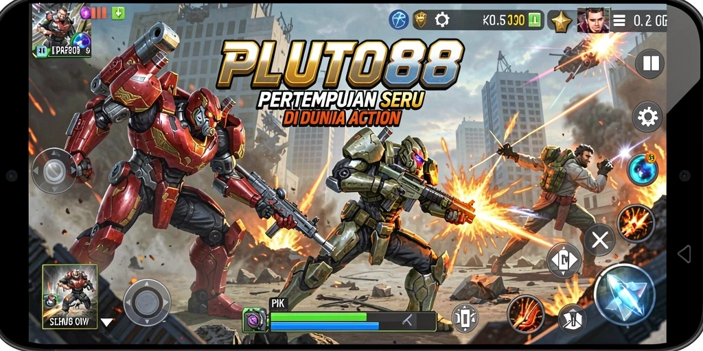 Tangkapan layar utama <strong>PLUTO88</strong> menampilkan aksi pertempuran yang mendebarkan.