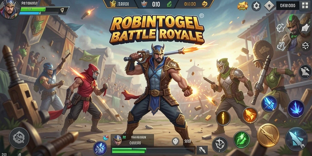 Screenshot gameplay ROBINTOGEL yang menampilkan aksi seru Battle Royale.